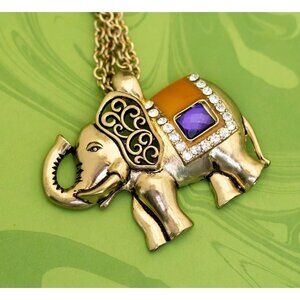 Vintage Intricate Tribal Elephant Gold Tone Necklace 32 inch - W11